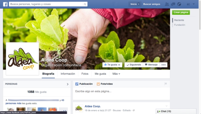 Páxina en facebook de Aldea Cooperativa